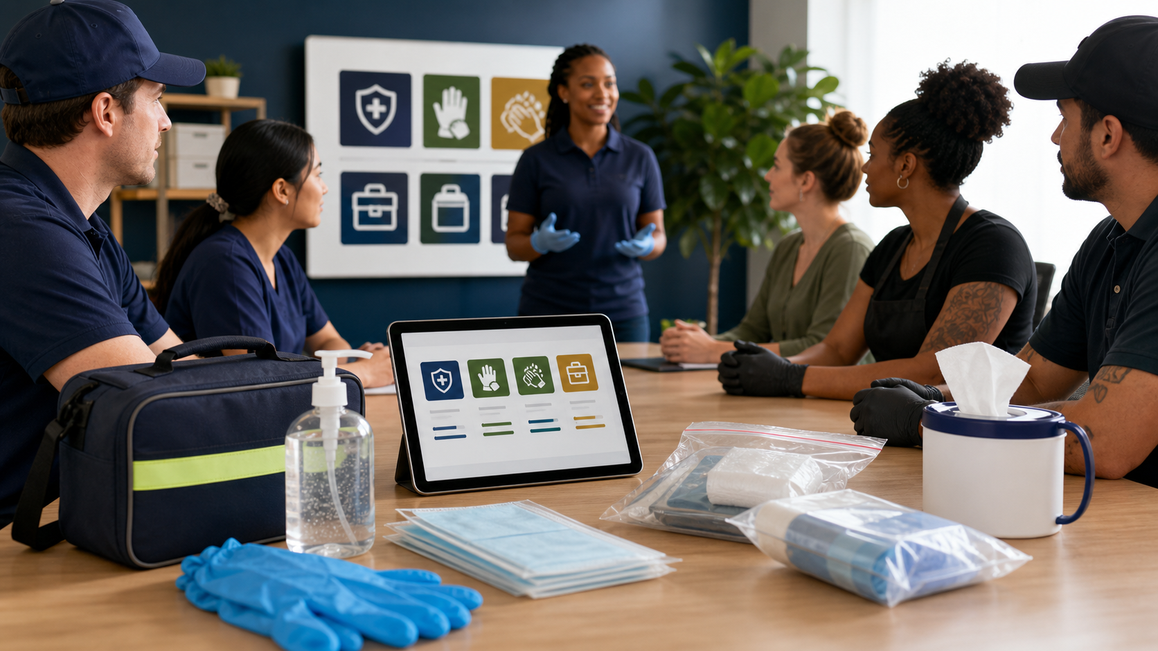 Workplace safety training table with gloves, first aid supplies, sanitizer, and online training dashboard