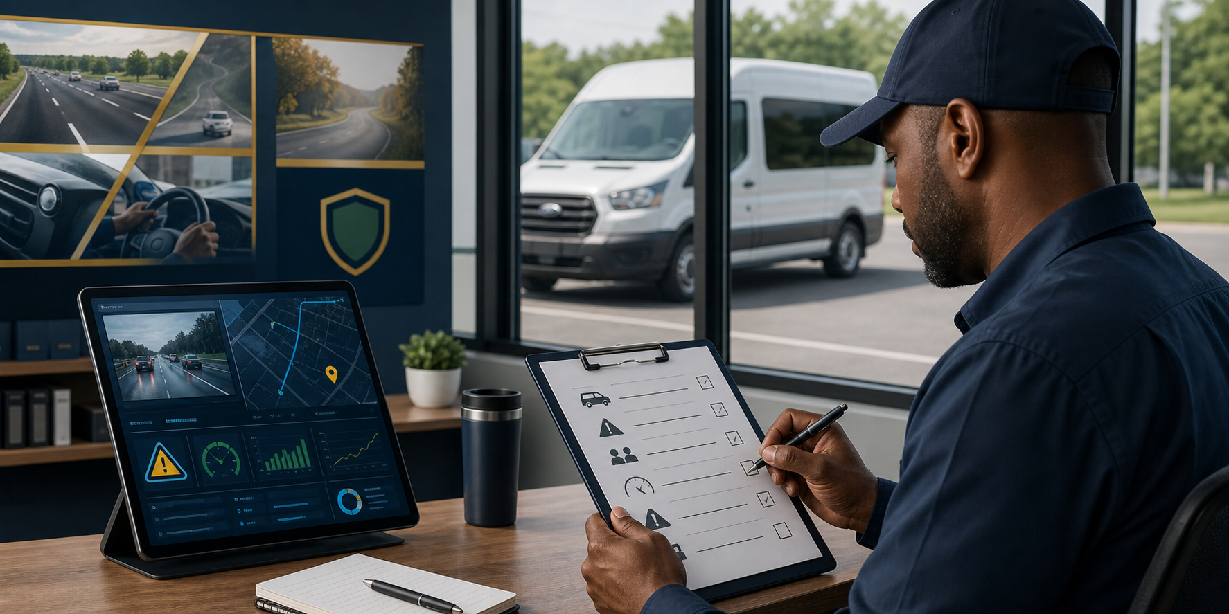 Professional driver reviewing a defensive driving checklist with a van and safety dashboard nearby