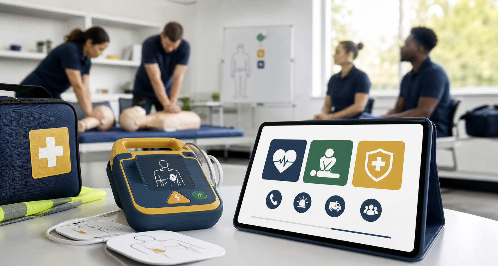 AED trainer, CPR manikin, first aid kit, and online emergency response training dashboard