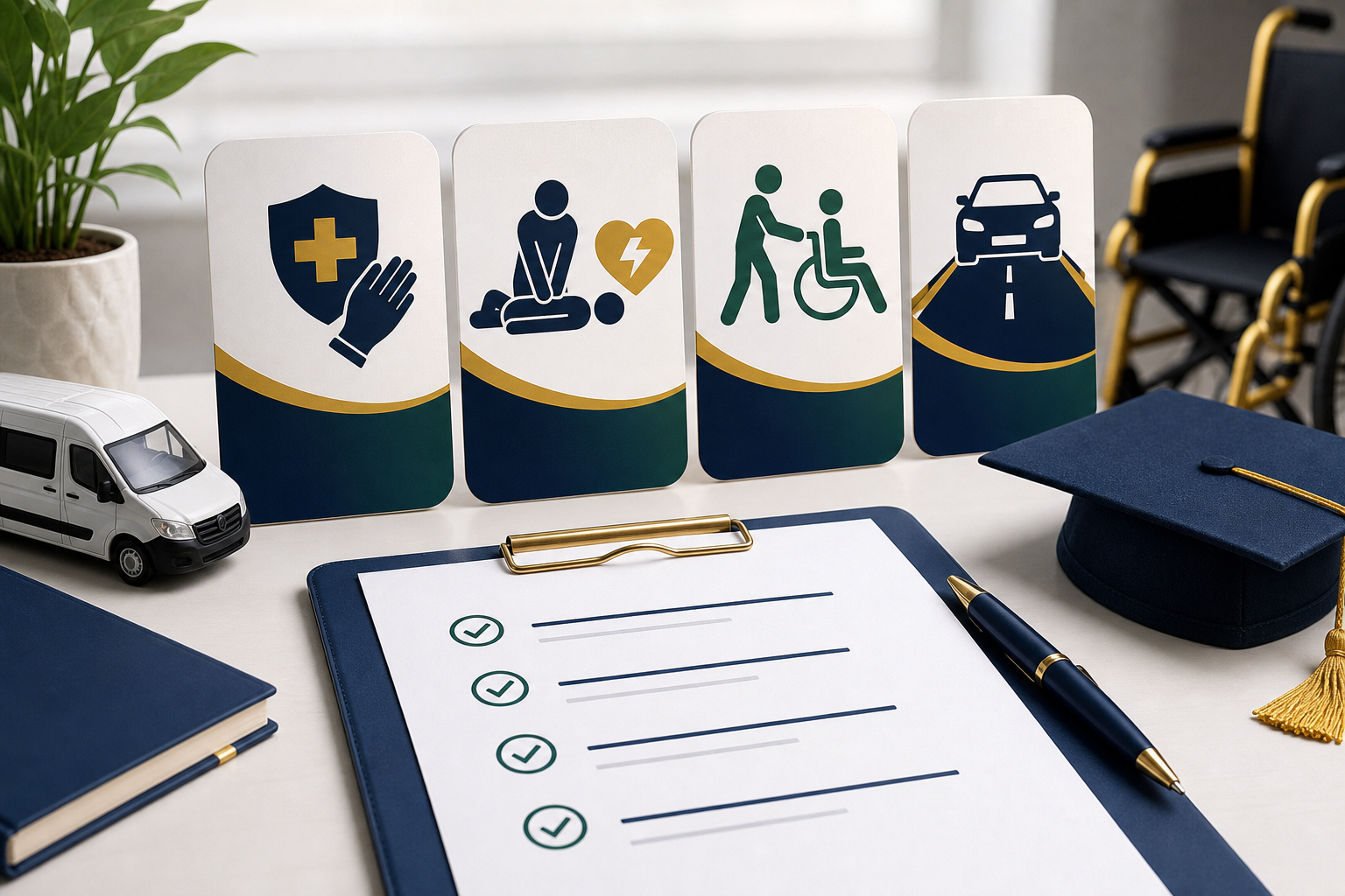 Training cards representing core NEMT certification areas
