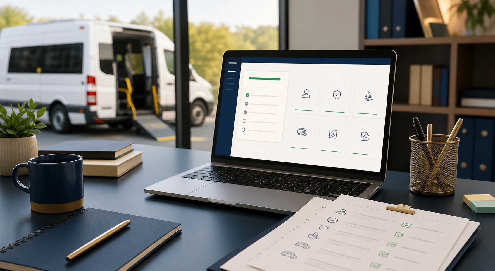 NEMT driver onboarding workspace with a training dashboard and accessible vehicle