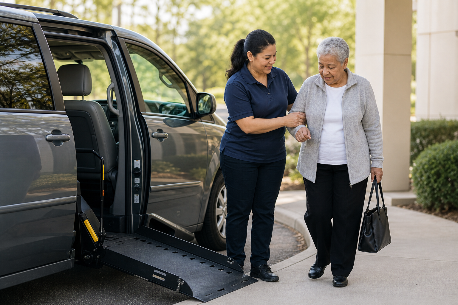 Transportation provider assisting a passenger near an accessible vehicle